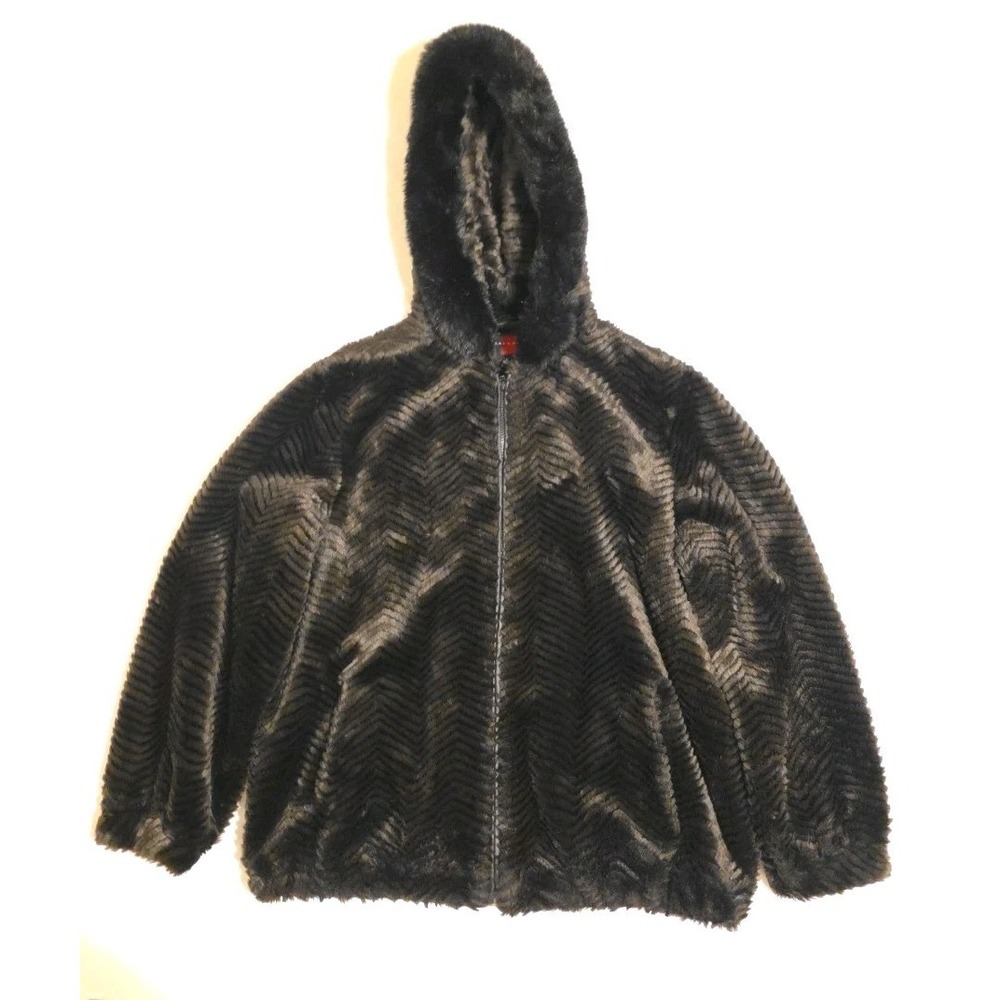 Gallery Women's Faux Fur Hooded Chevron Jacket Coat Brown Size‎ Large Full Zip